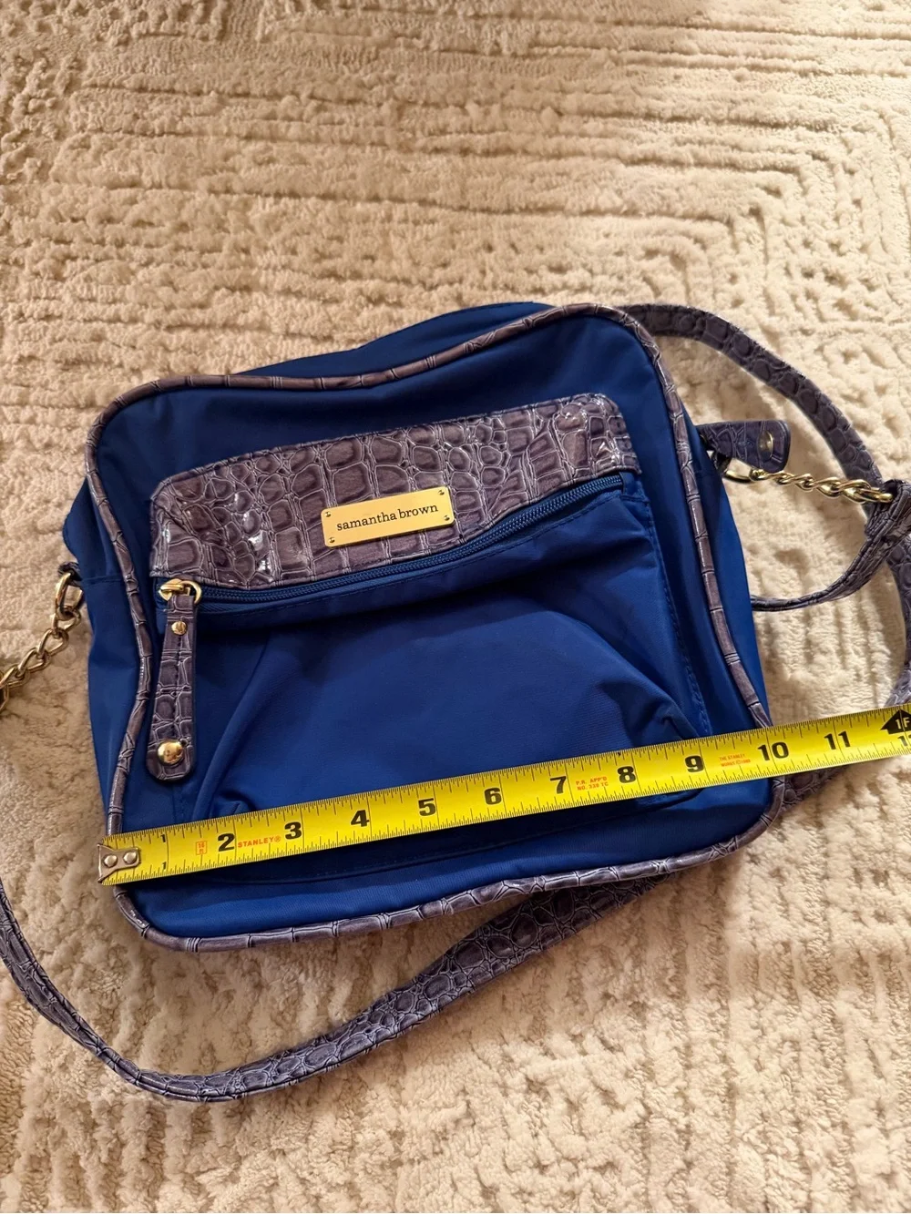 Samantha Brown Blue Crossbody Bag with Croc-Embossed Trim
